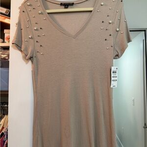 INC International Concepts Beige Pearl-Studded Tee